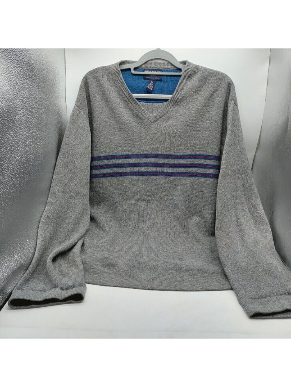American Eagle Men's Grey Striped Sweater Long Sleeves V Neck Size XXL Y2k